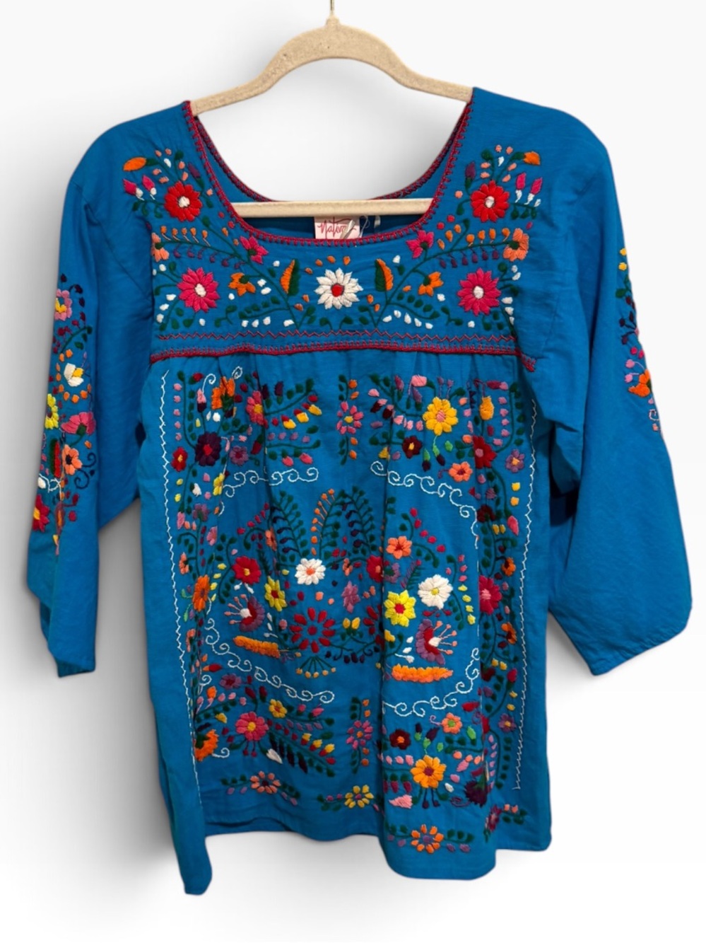 NWT Nativa Mexican Embroidered Floral Peasant Tunic in Teal - Size Small